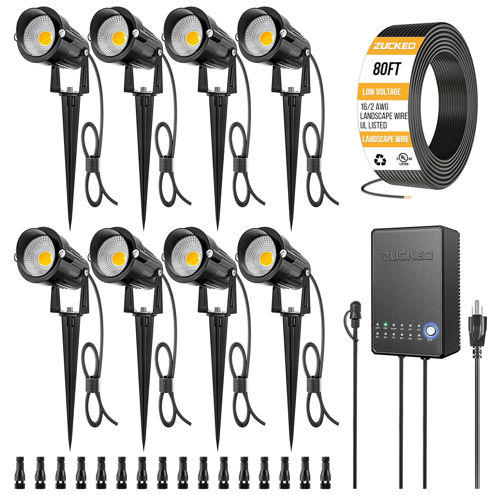 ZUCKEO landscape spotlight 8-pack illuminating yard and garden walkways.