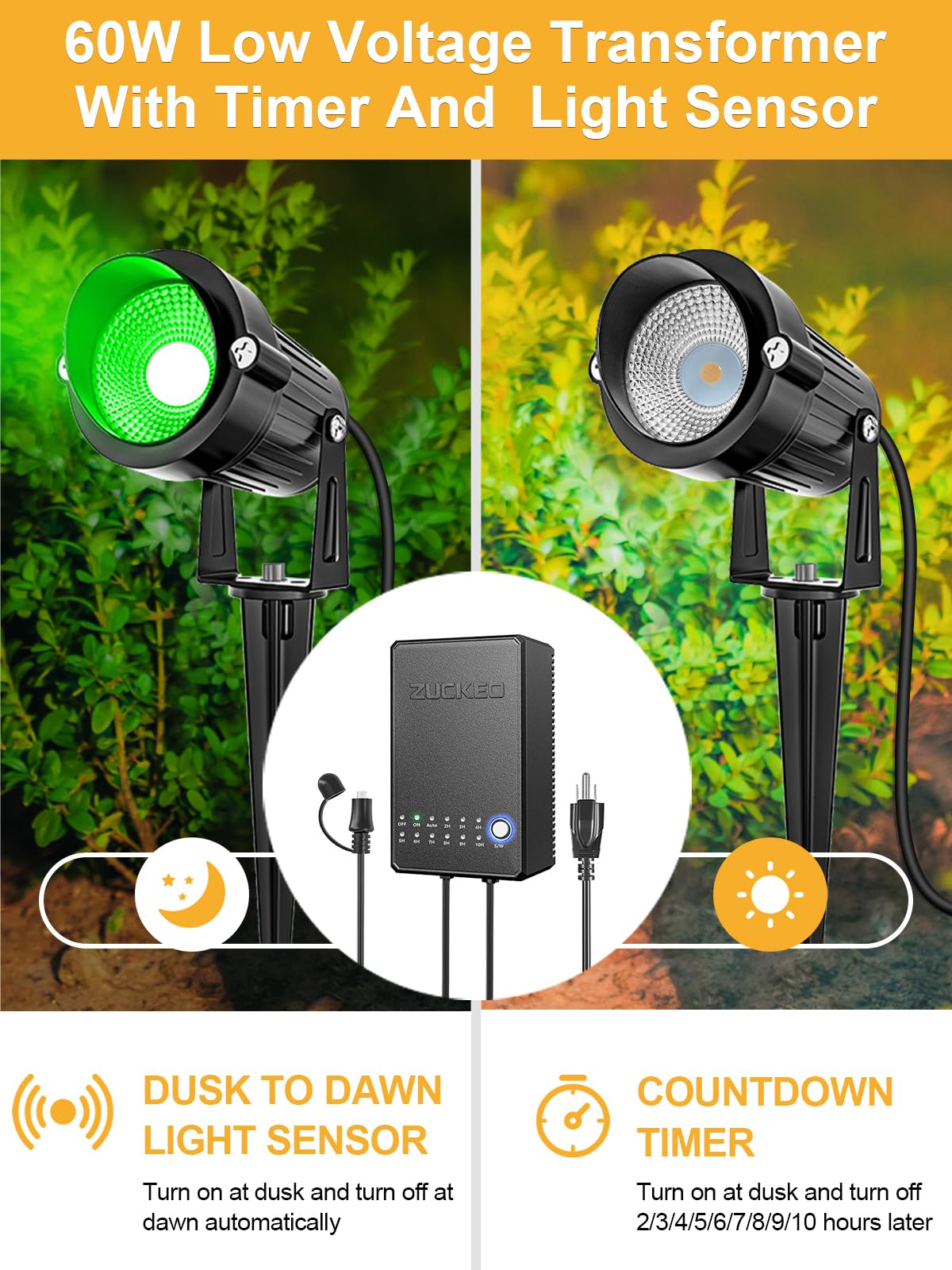 ZUCKEO LED multi-color spotlights with aluminum housing for durable outdoor lighting.
