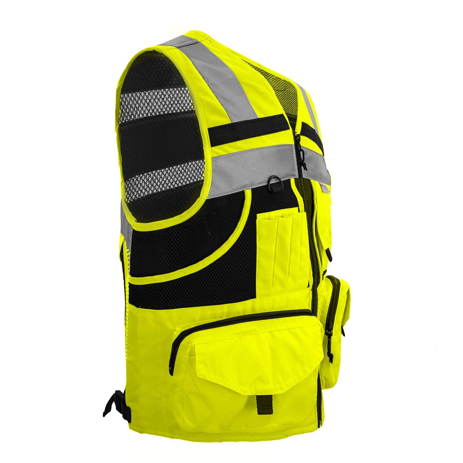 ZUJA safety vest back view showcasing full-coverage reflective stripes.