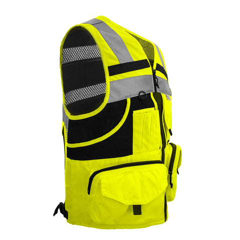 ZUJA safety vest back view showcasing full-coverage reflective stripes.