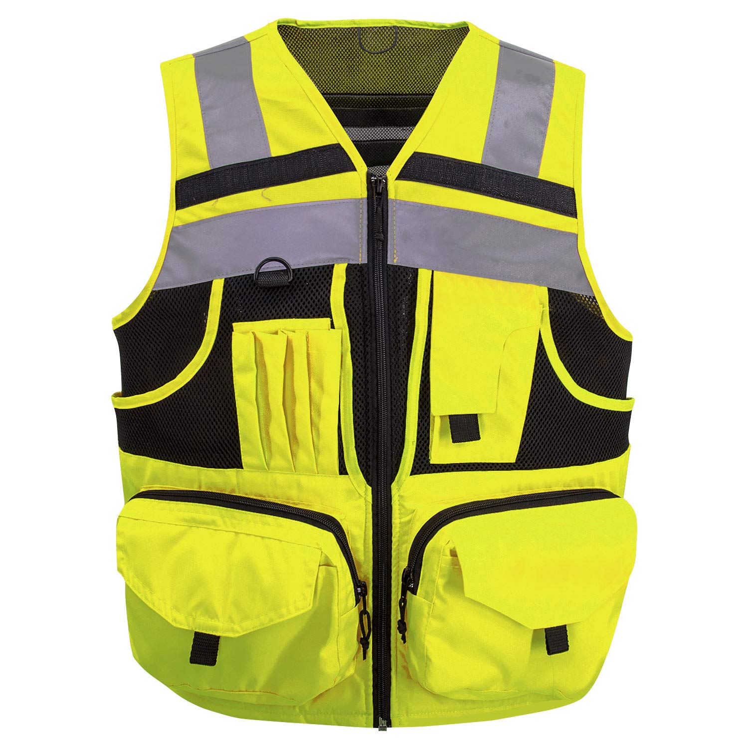 ZUJA safety vest front view with 3M reflective stripes for day and night visibility.