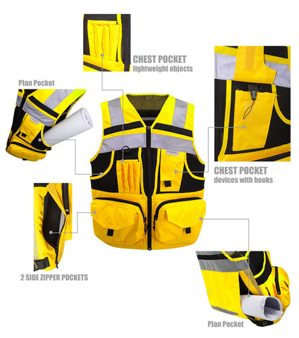 ZUJA safety vest side view with D-rings for walkie talkie and ID.
