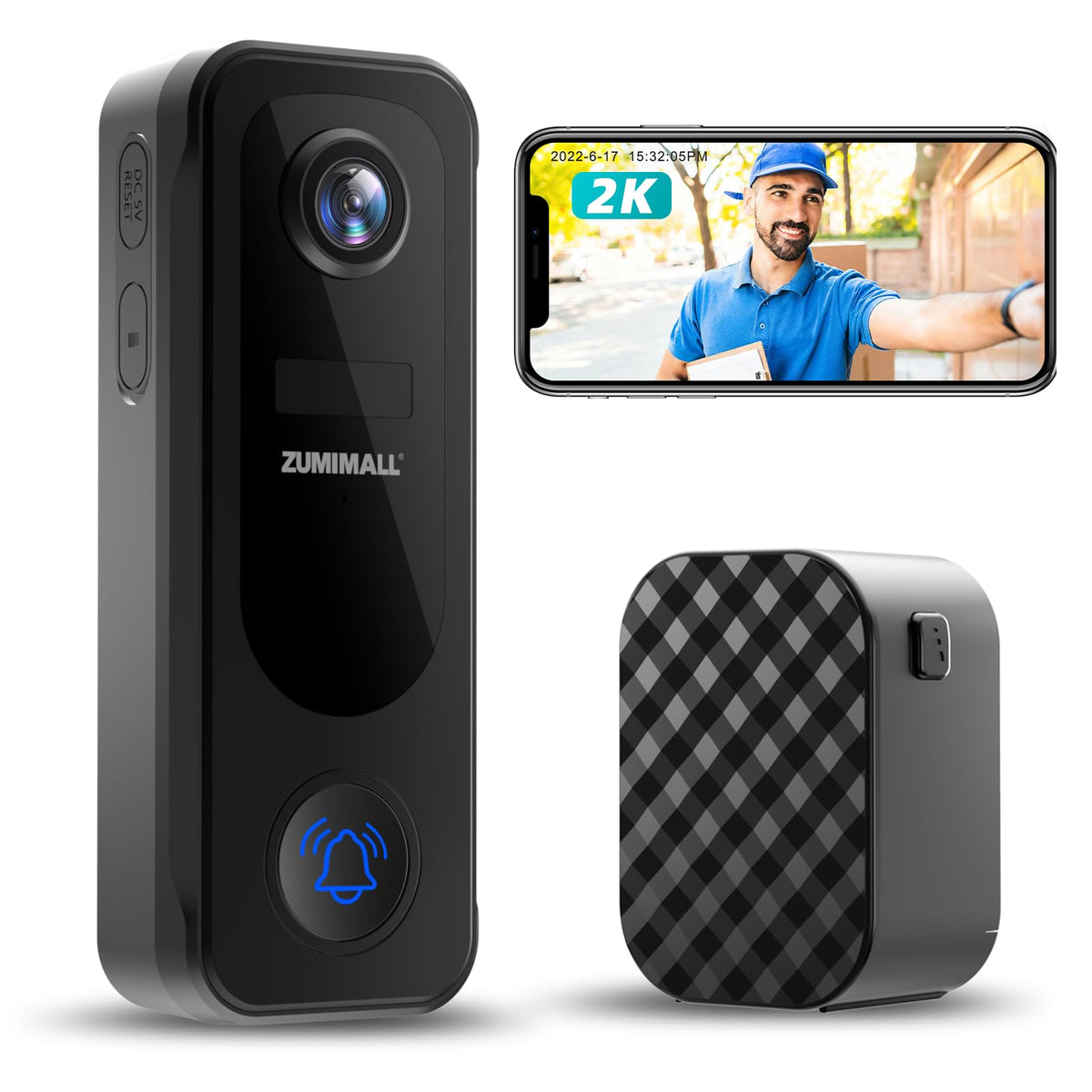 ZUMIMALL doorbell 2K camera front view for clear home monitoring.