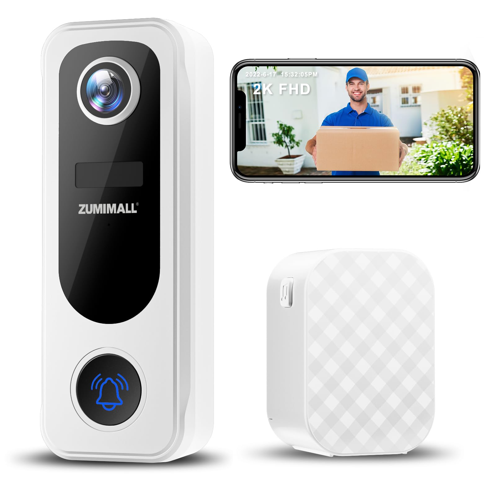 ZUMIMALL doorbell front view with clear 2K video for home security