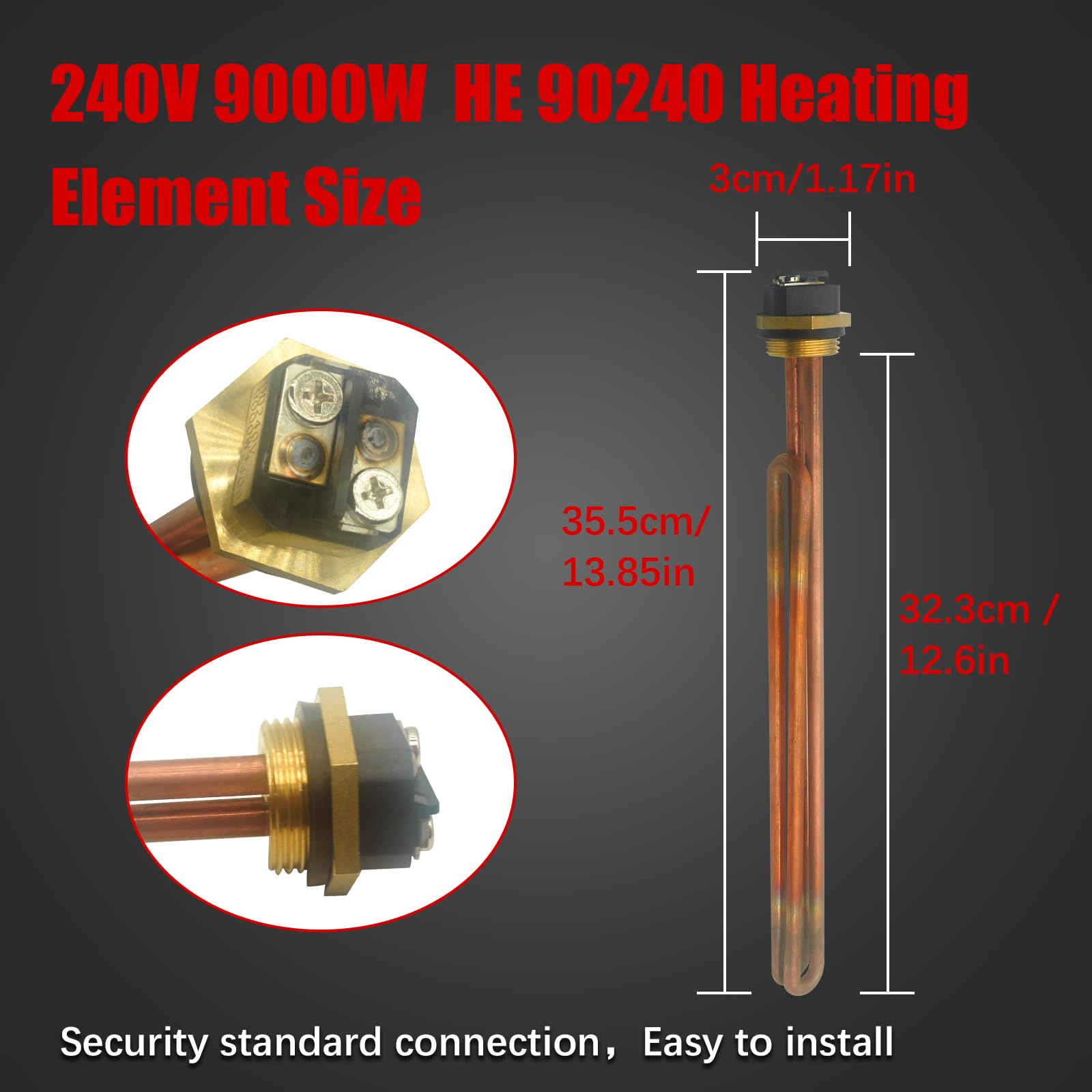 Zuverlass HE90240 9KW 240V element for versatile tankless heater compatibility.