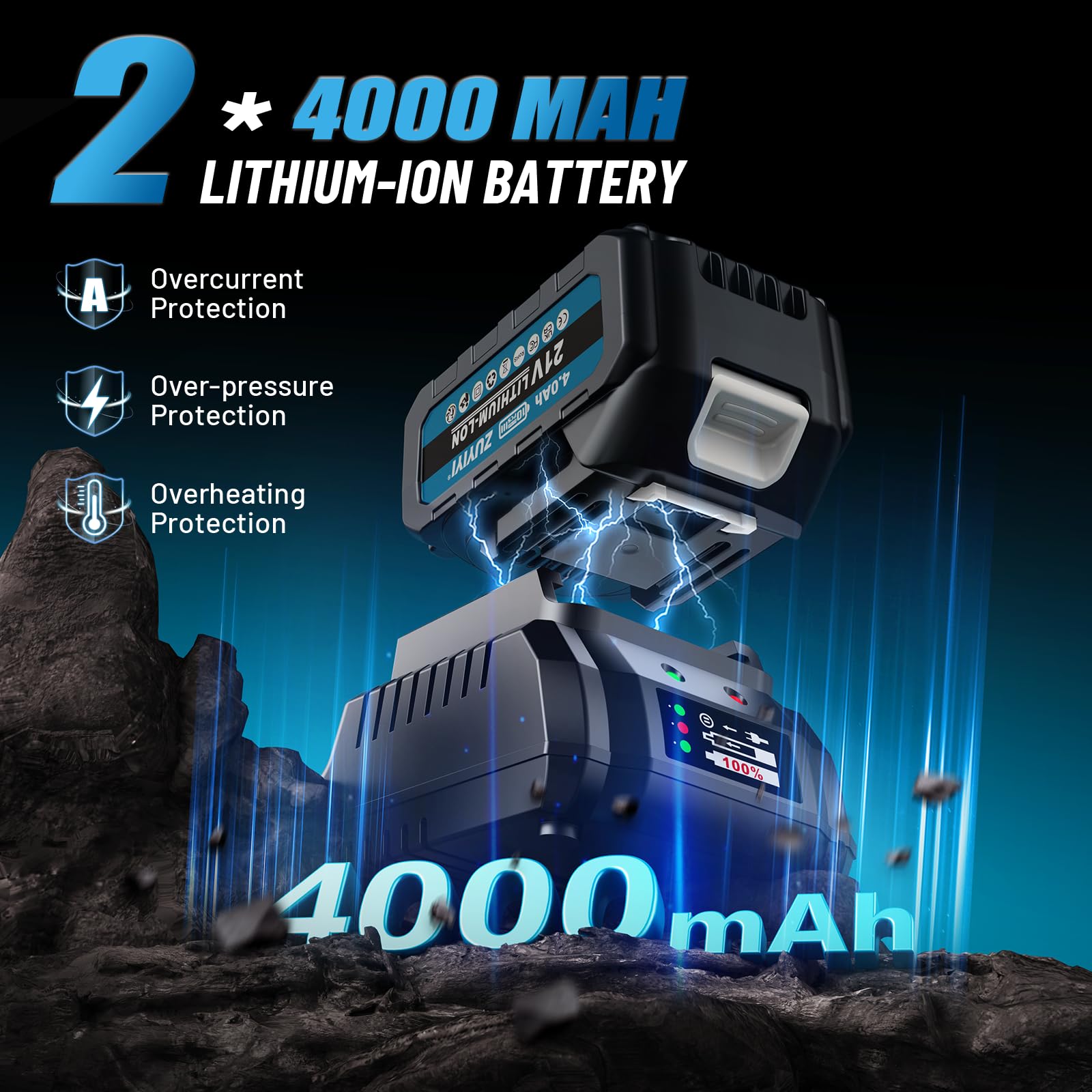 ZUYIYI cordless impact wrench with battery pack highlighting long runtime and quick recharge.