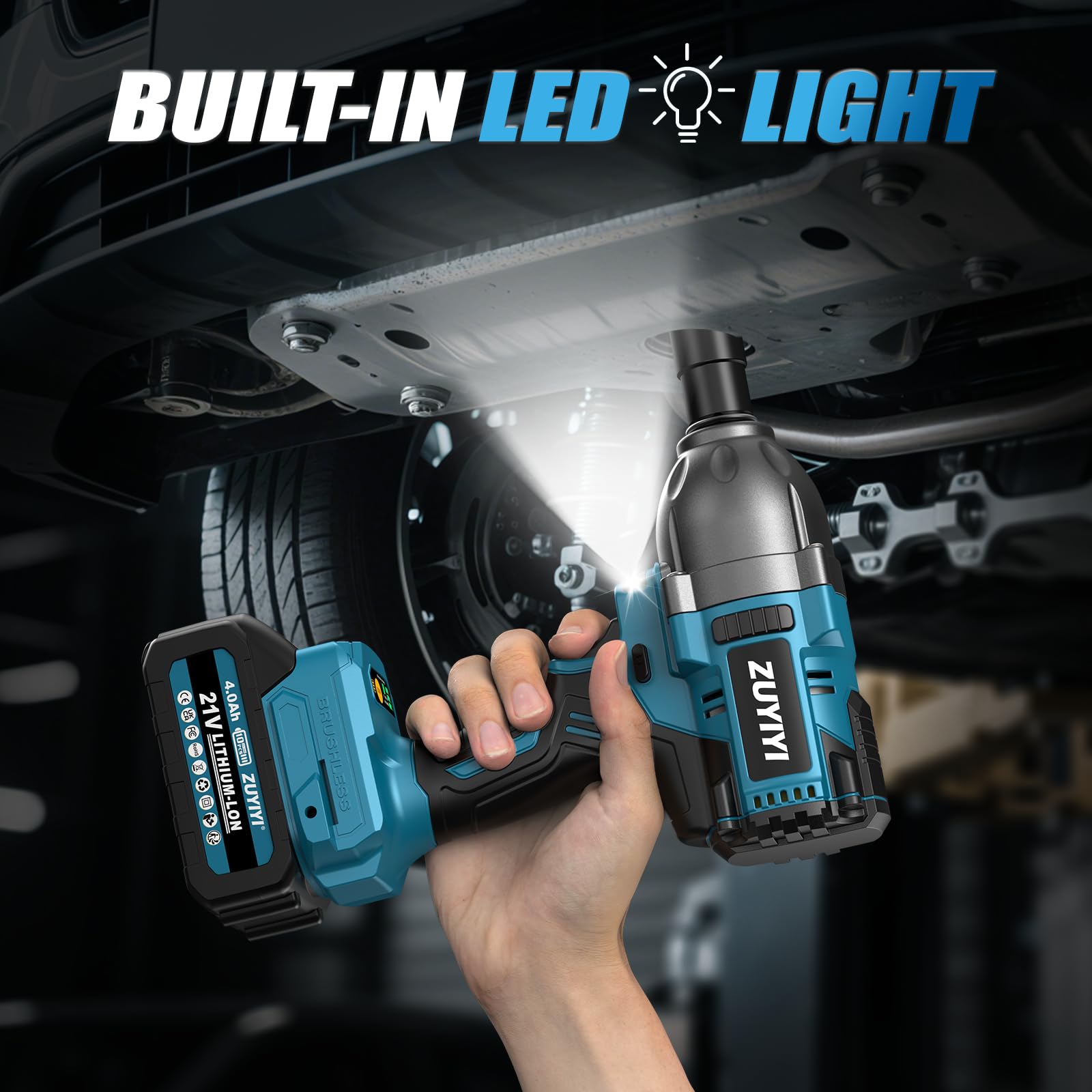 ZUYIYI cordless impact wrench fast charger powers two 4.0Ah batteries.