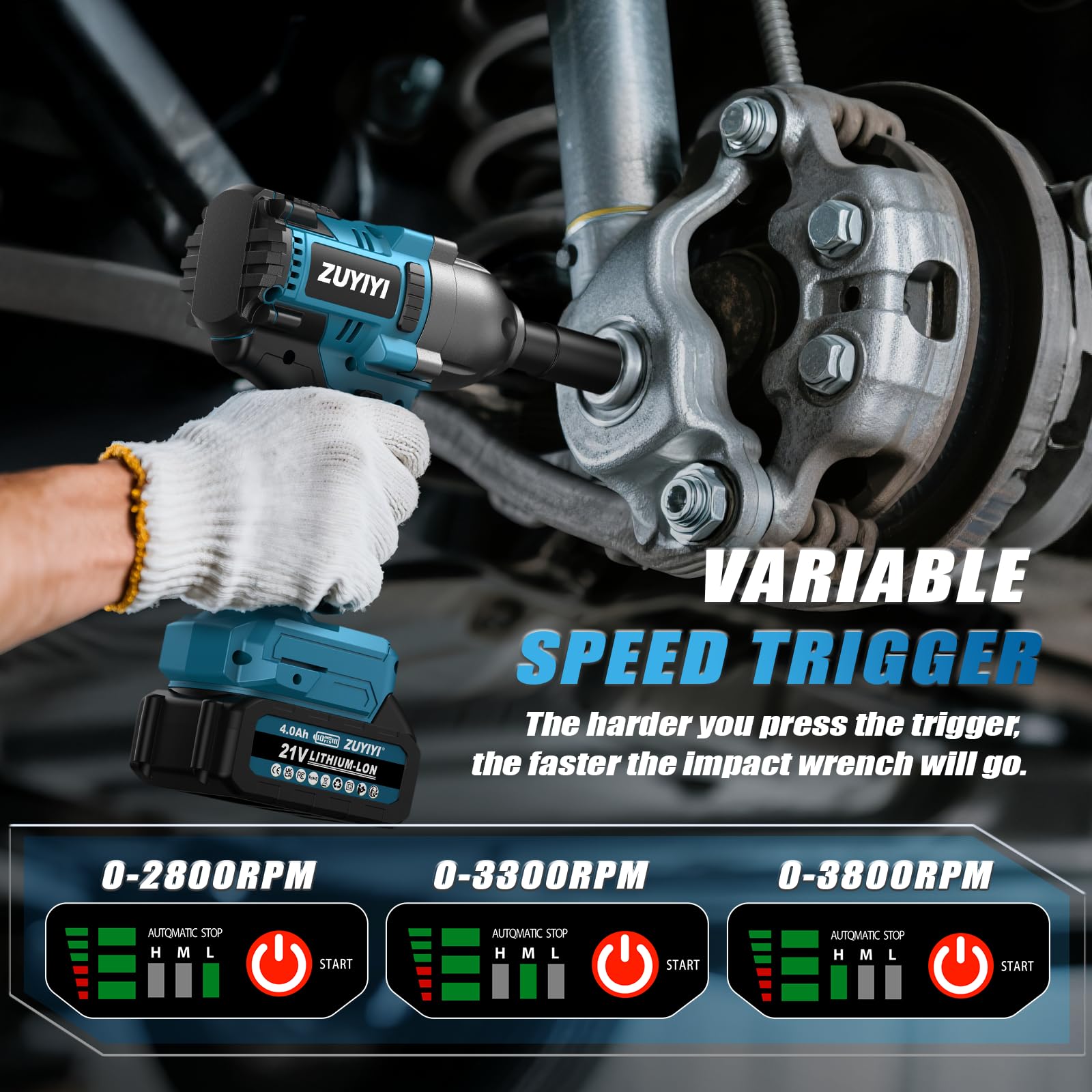 ZUYIYI cordless impact wrench forward reverse with brake for safe operation.