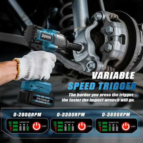 ZUYIYI cordless impact wrench forward reverse with brake for safe operation.
