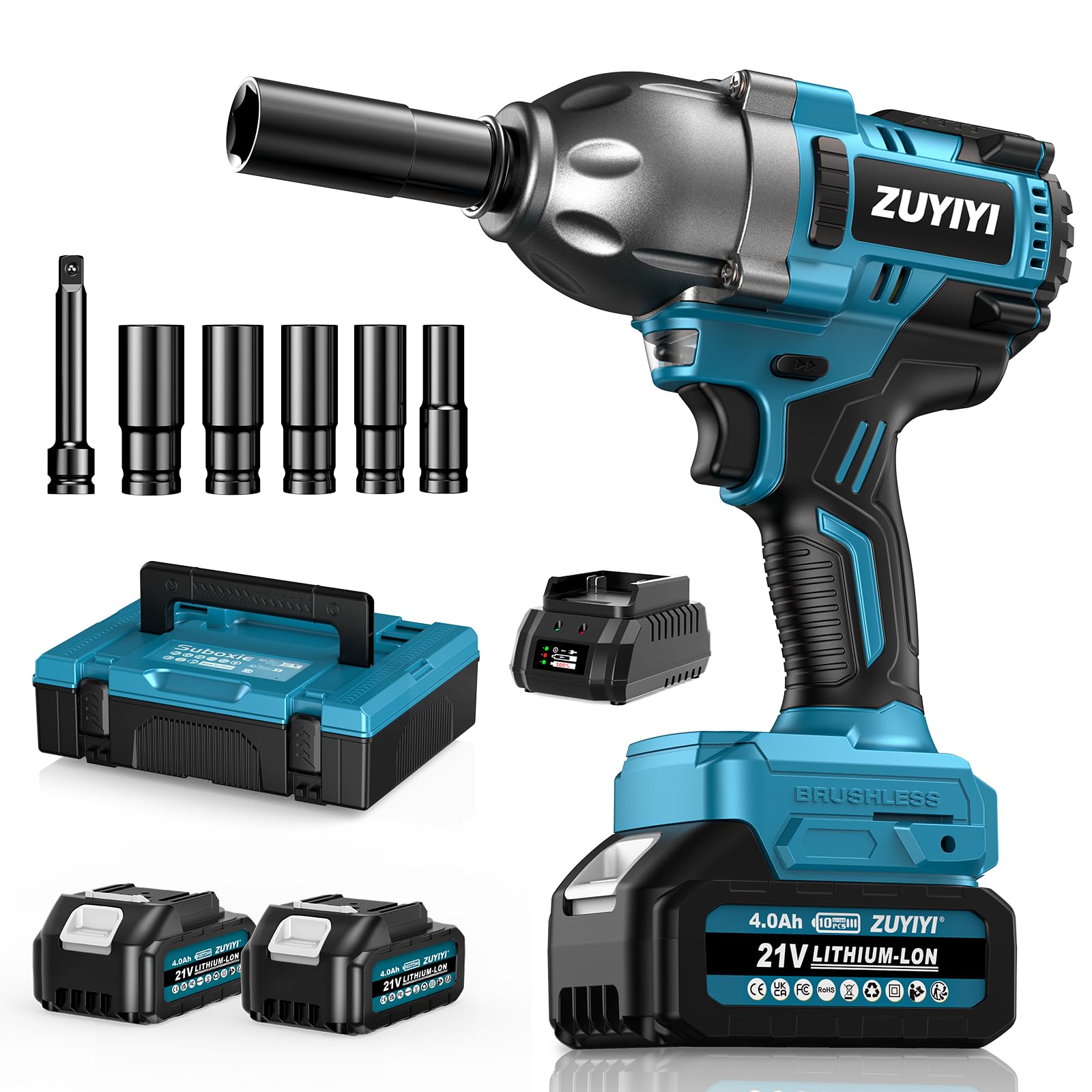 ZUYIYI cordless impact wrench showing high torque for lug nuts and heavy bolts.