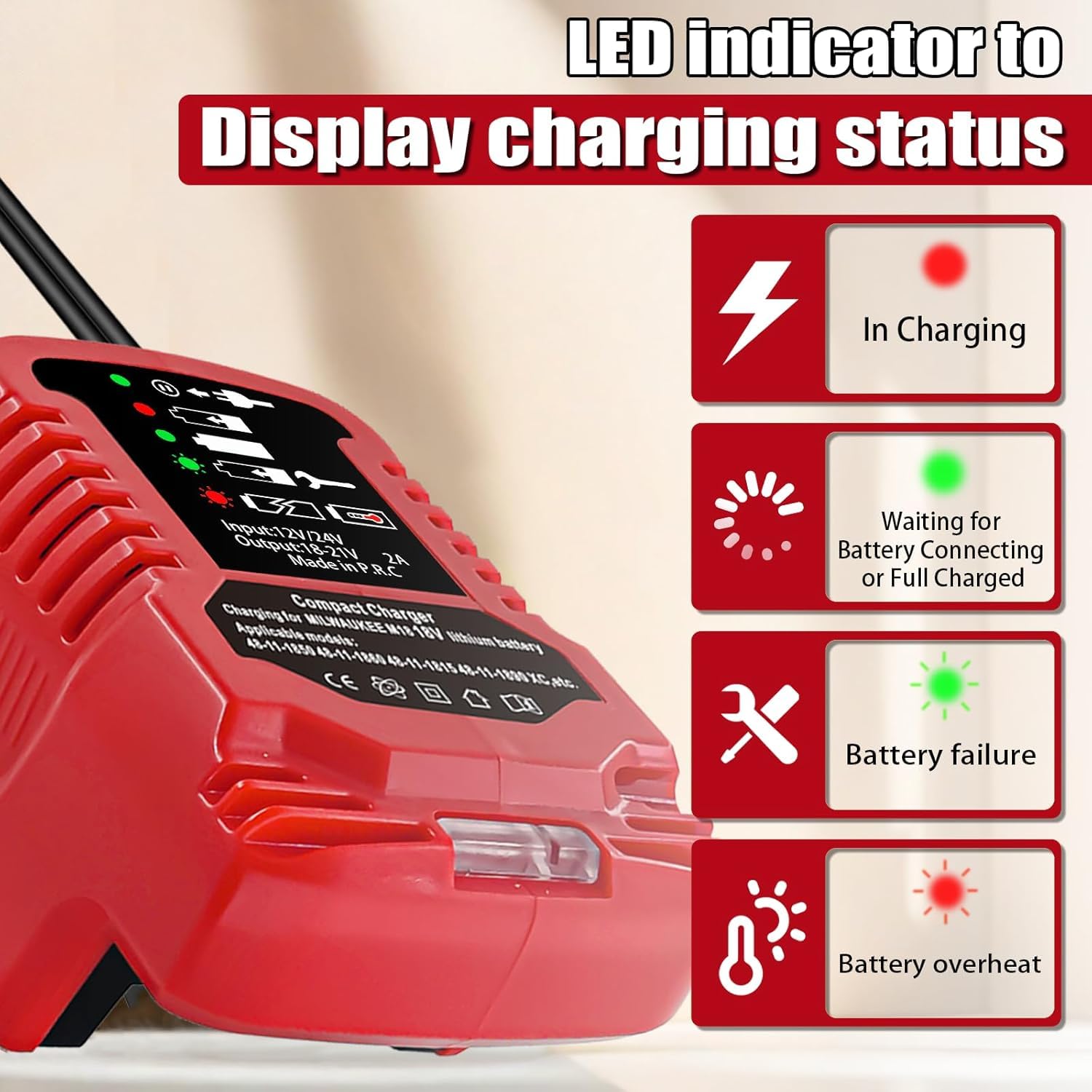 ZWDXRB Milwaukee car charger LED indicators showing status at a glance