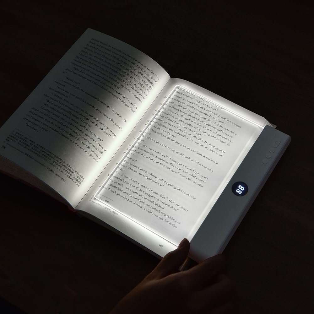 ZWJFDCBD book light panel-plate provides even full-page illumination for late-night reading.