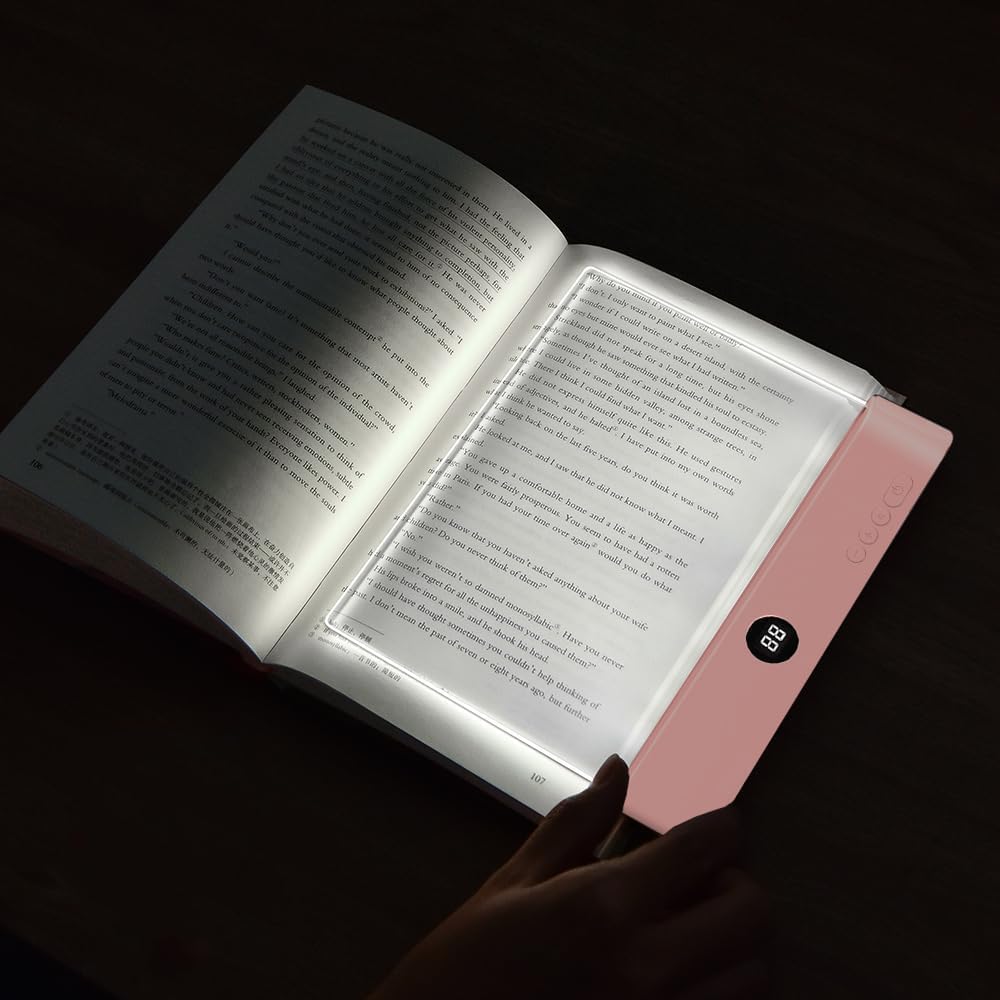 ZWJFDCBD Book Light with rechargeable panel provides even full-page illumination for late-night reading.