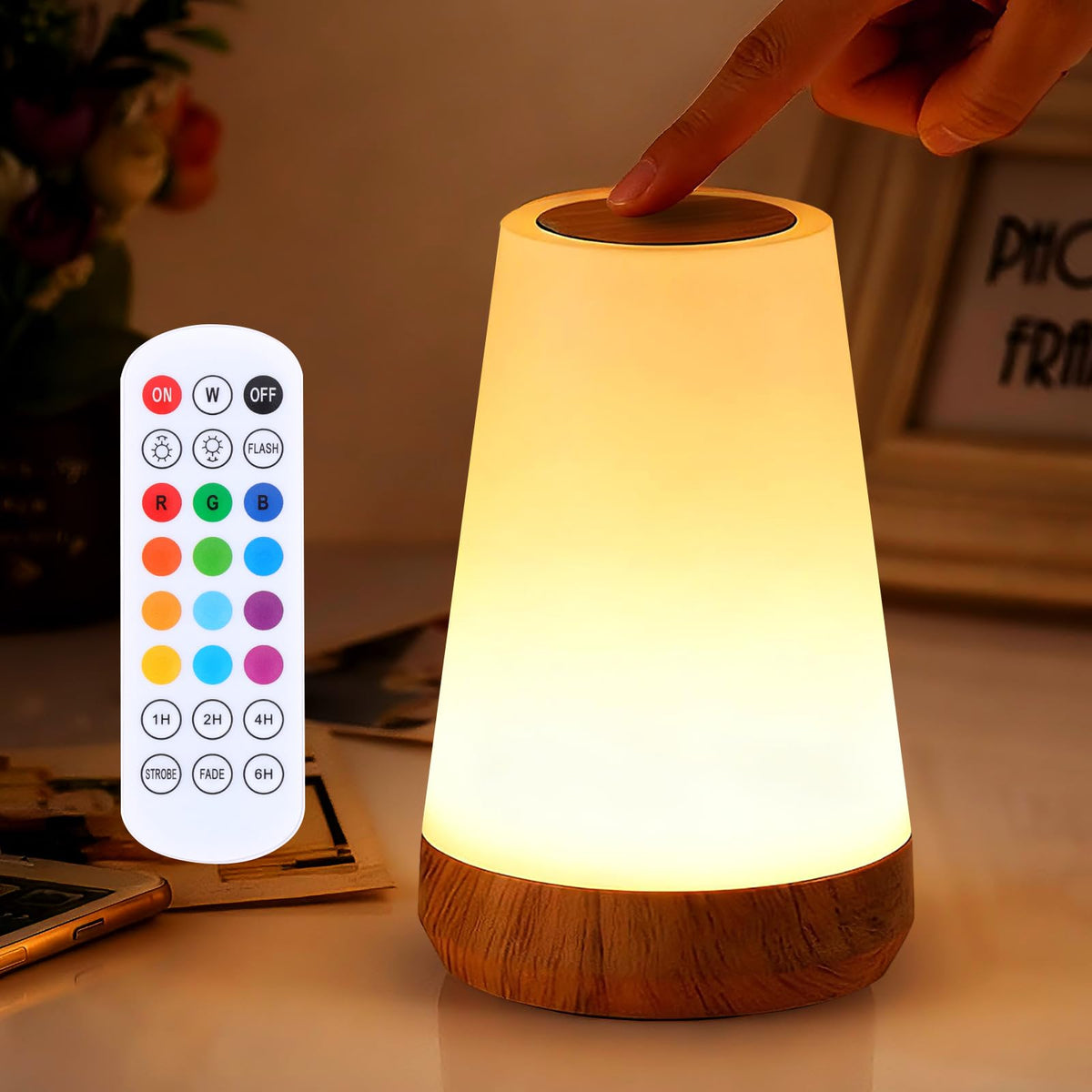 ZWOTNDT night light with wood grain desk finish for warm bedside illumination.