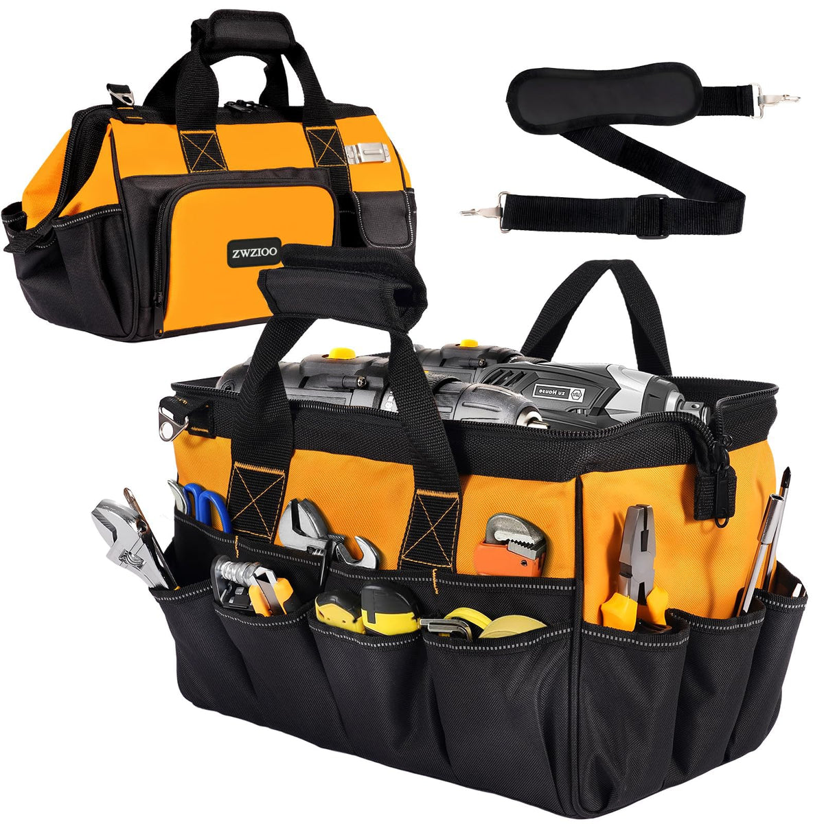 ZWZIOO heavy-duty tool bag front view showing organized pockets for quick access