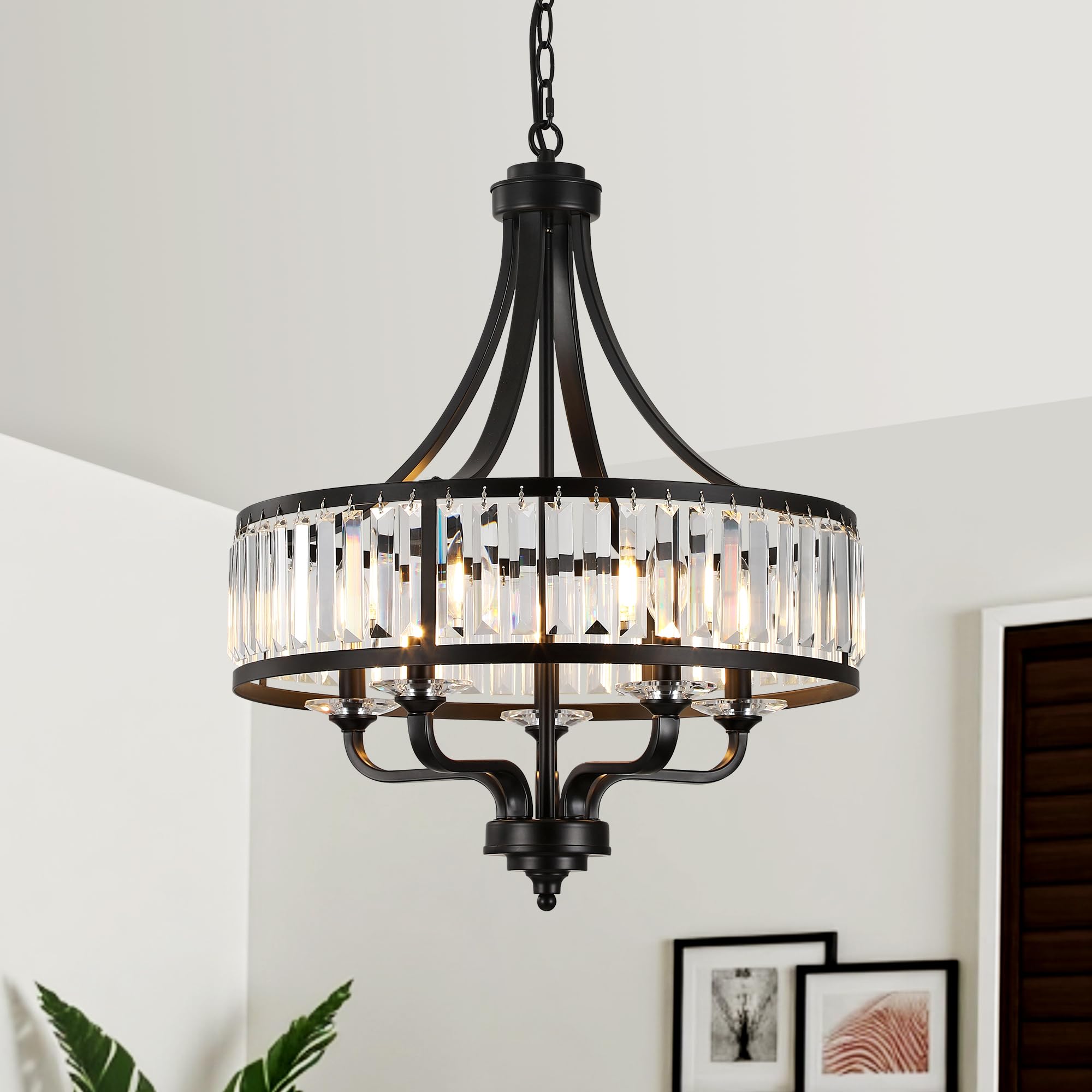 ZXFDWB modern black crystal chandelier with 5 lights over a dining table for elegant ambiance