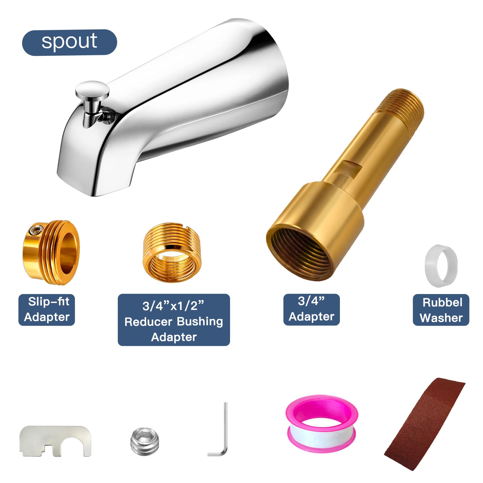 ZXFENG IPS threaded tub spout compatible with 1/2 and 3/4 inch pipes