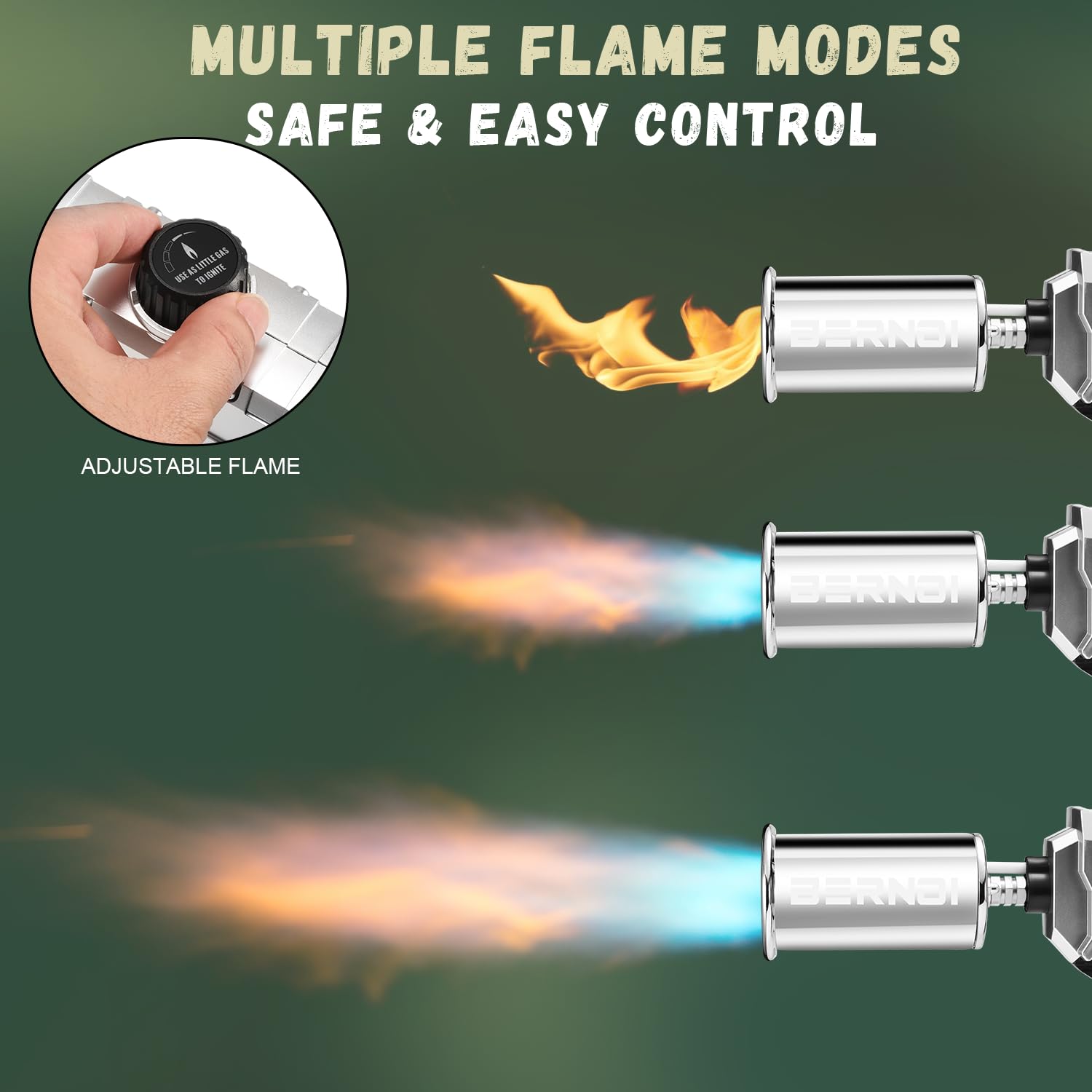 zycBernoi camping-ready torch elevates grilled steaks with crisp caramelization.