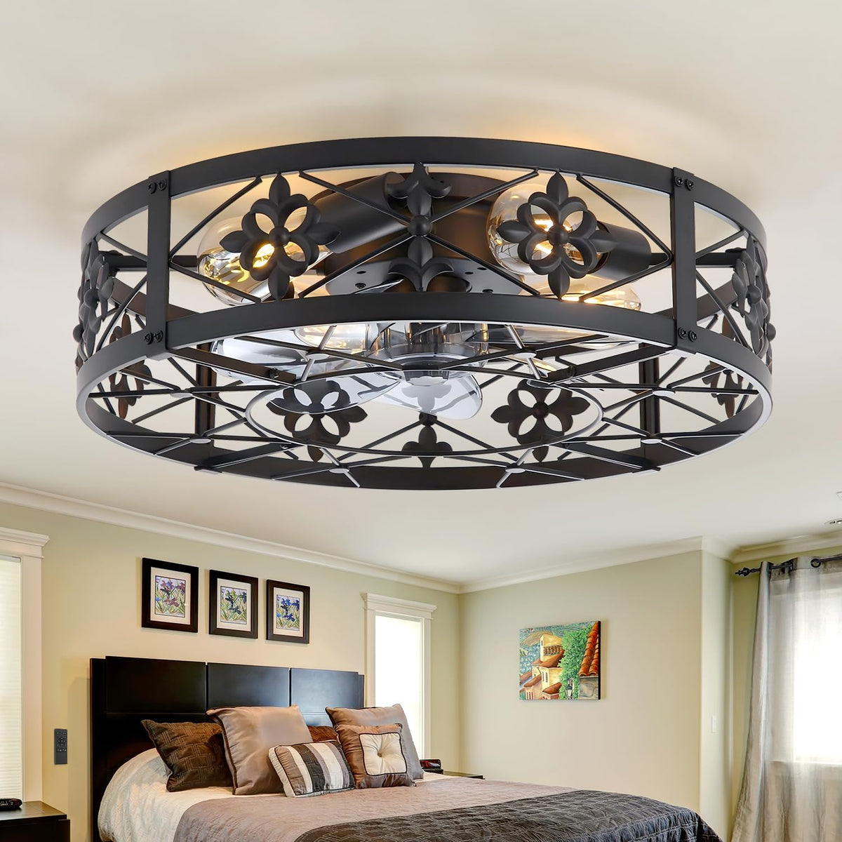 ZYD caged ceiling fan with light 20-inch—compact design for small rooms.
