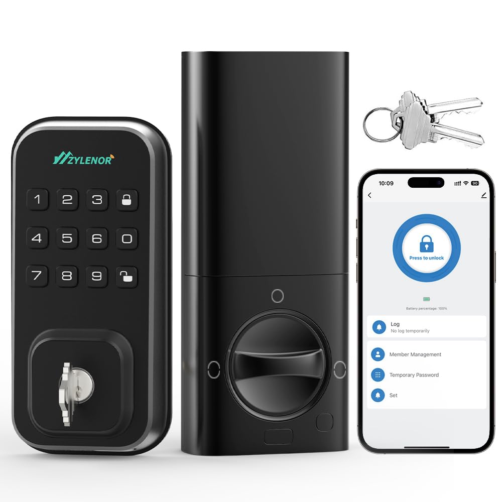 Zylenor keyless entry lock installed on a front door, easy setup highlighted.