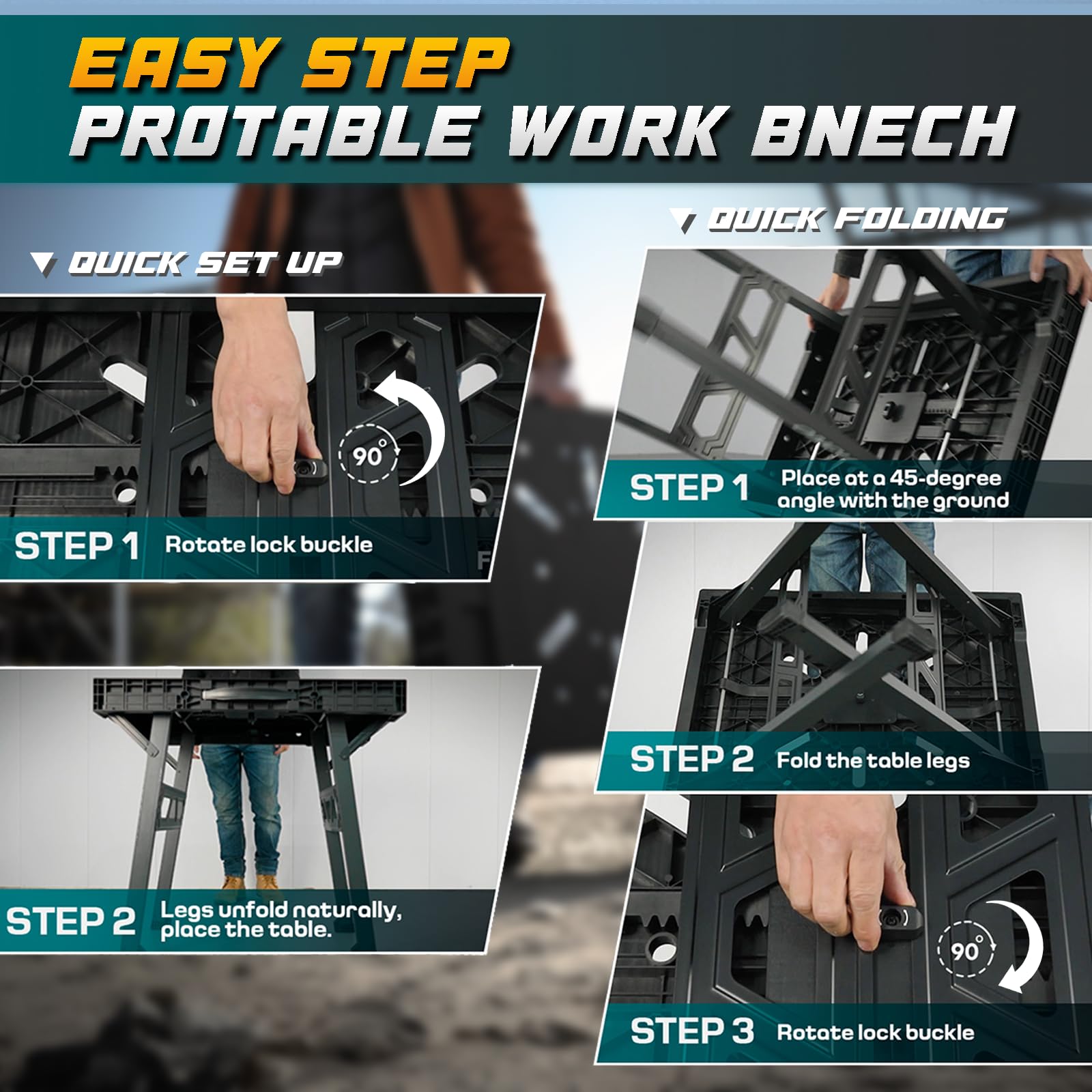 zyloquex foldable work bench handle for quick relocation around the shop