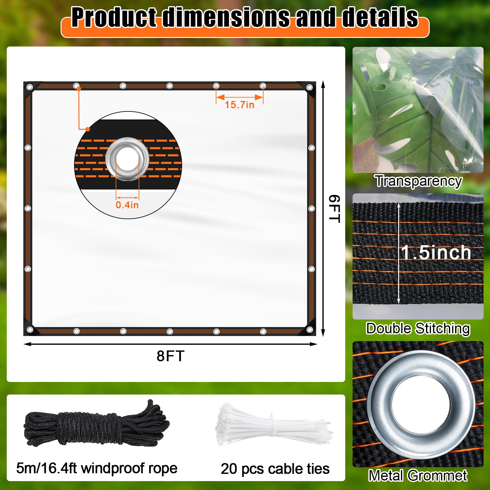 ZYP clear tarp side view, strengthened edges prevent tearing in windy conditions