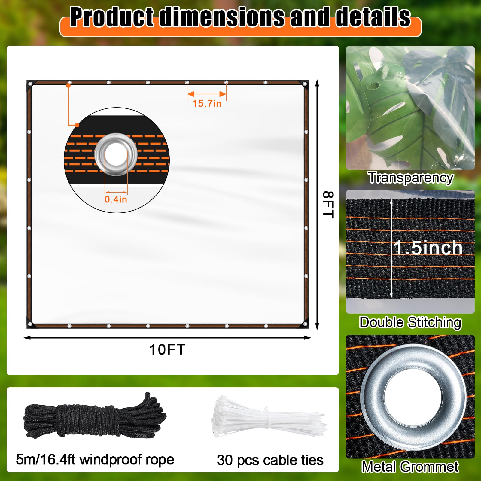ZYP clear vinyl tarp with rust-resistant grommets shields porches from rain.