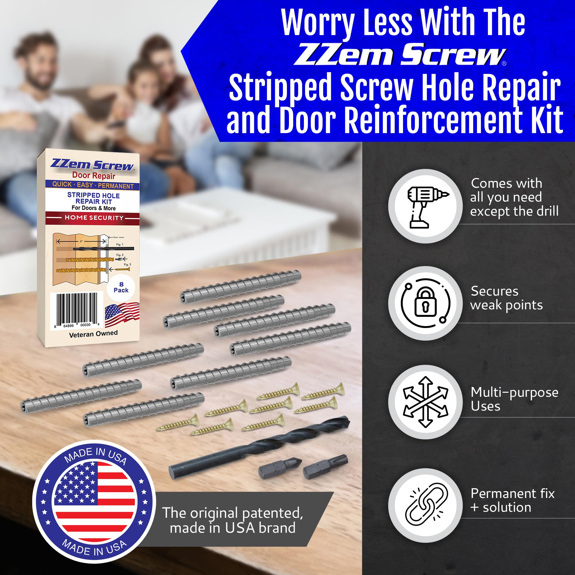 ZZEM SCREW wood-backed repair suitable for wooden frames and brackets.
