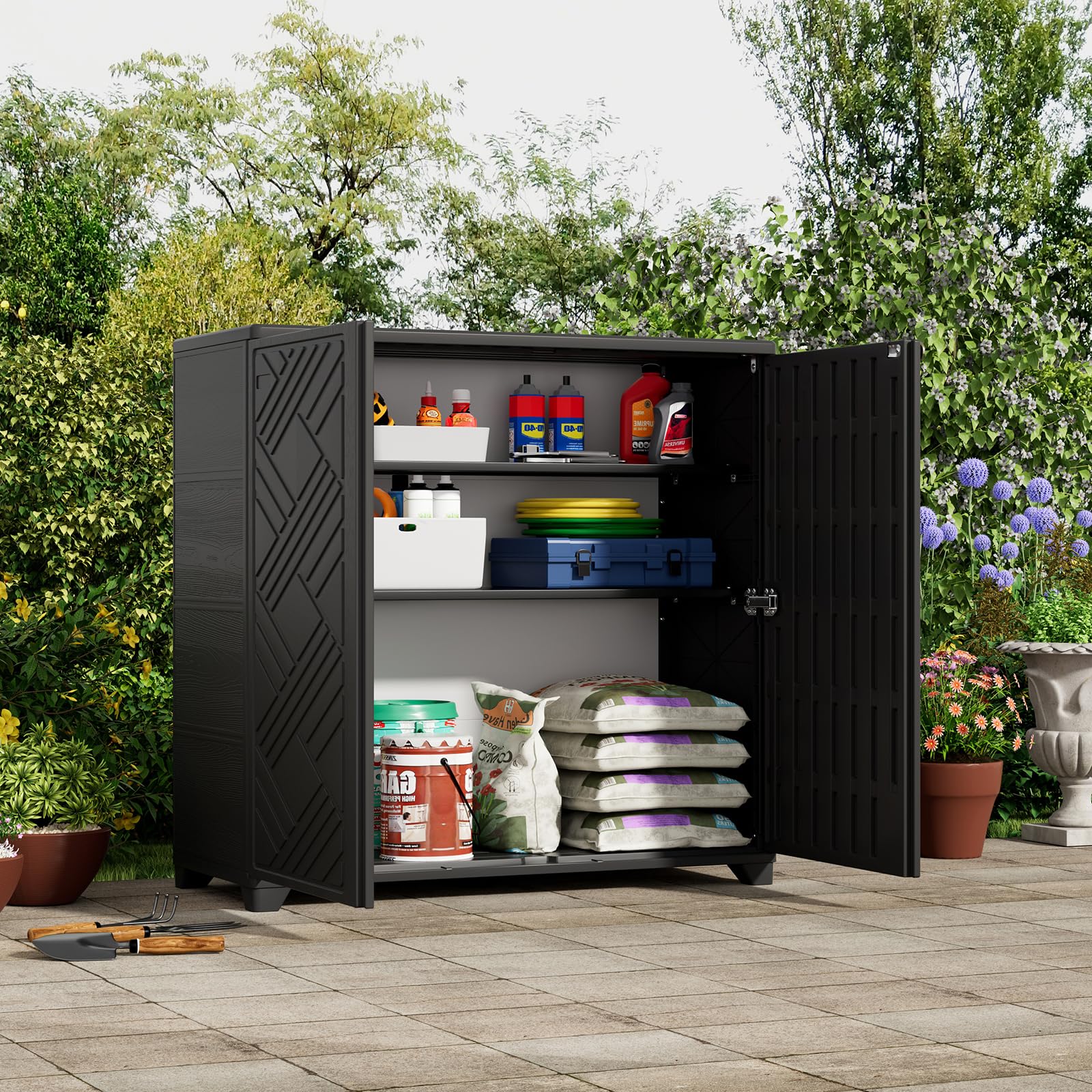 ZZM storage cabinet 34x15x34 dimensions emphasize ample 60-gallon capacity for belongings.