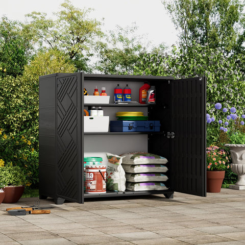 ZZM storage cabinet 34x15x34 dimensions emphasize ample 60-gallon capacity for belongings.