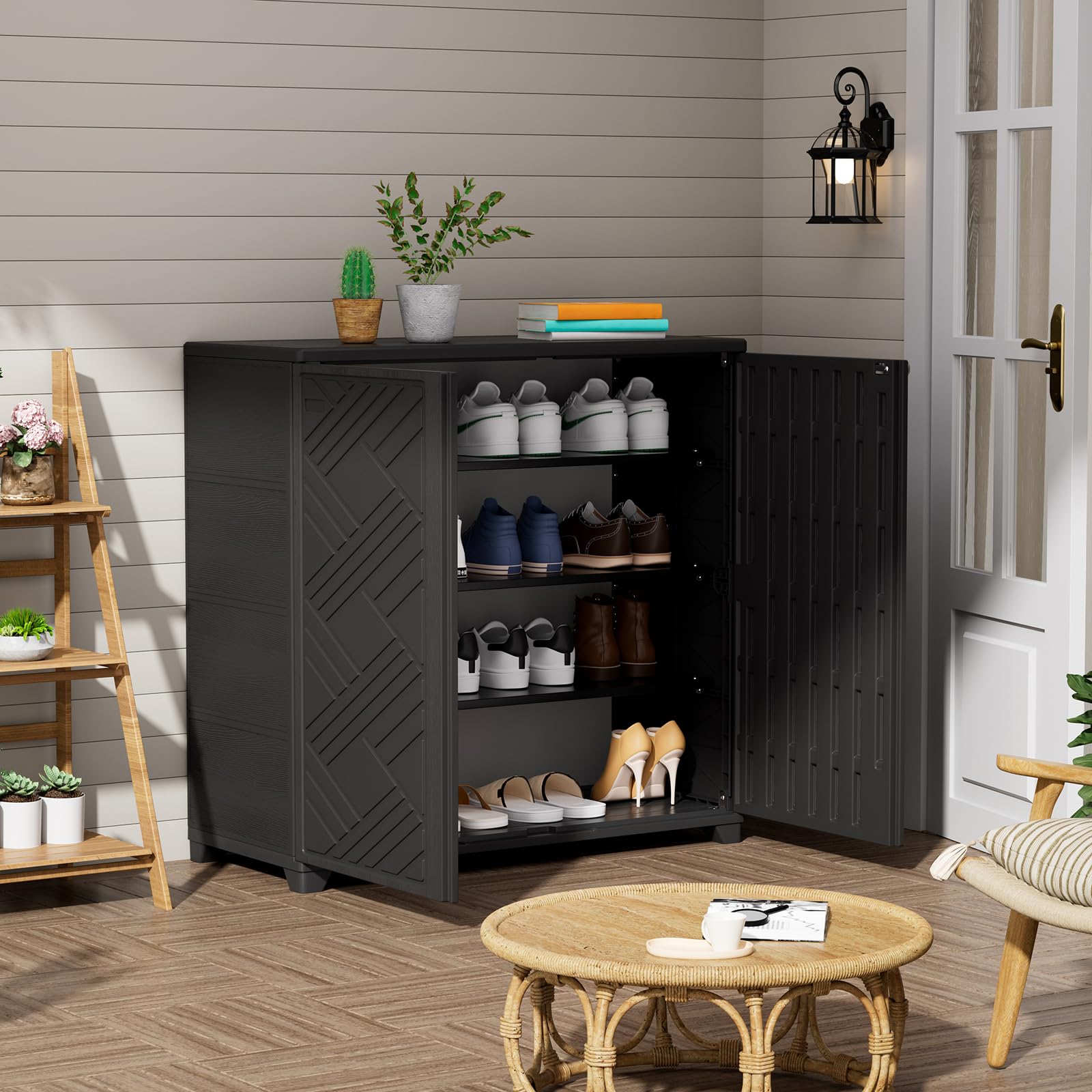 ZZM storage cabinet indoor-outdoor-use versatility fits patios, balconies, garages.